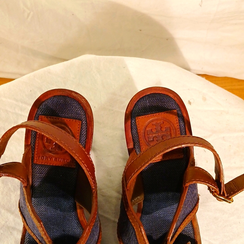 Like New Tory Burch Brown Leather & Navy Blue Denim Wedge Platform Heels - Picture 9 of 16